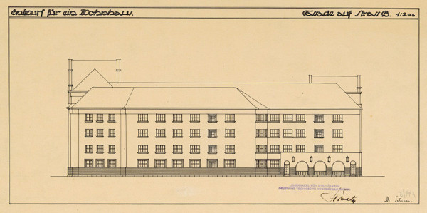 Michal Maximilián Scheer – Entwurf für ein Wohnhaus. Fassade aus Strasse B. M 1:200.