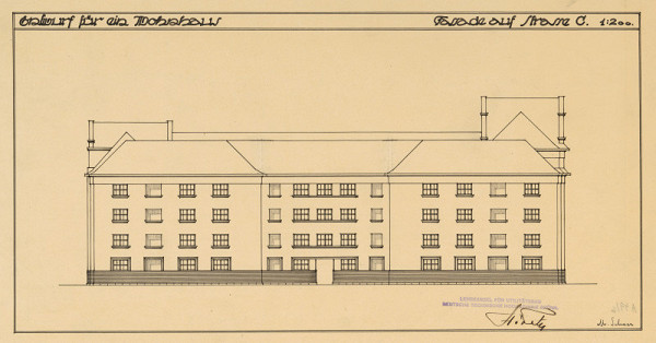 Michal Maximilián Scheer – Entwurf für ein Wohnhaus. Fassade aus Strasse C. M 1:200.  