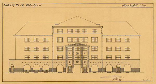Michal Maximilián Scheer – Entwurf für ein Wohnhaus. Fassadenteil (D). M 1:100.  