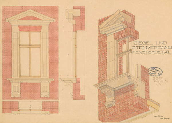 Michal Maximilián Scheer – Školské práce: Ziegel und Steinverband. Fensterdetail. Štúdia preväzby kamenných článkov s tehlovým murivom. 