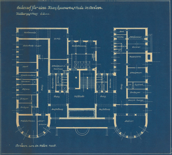 Michal Maximilián Scheer – Prístavba umeleckopriemyselnej školy v Brne. Štátnicový projekt. Entwurf für eine Kunstgewerbeschule in Brünn, Kellergeschoss. M 1:200. 