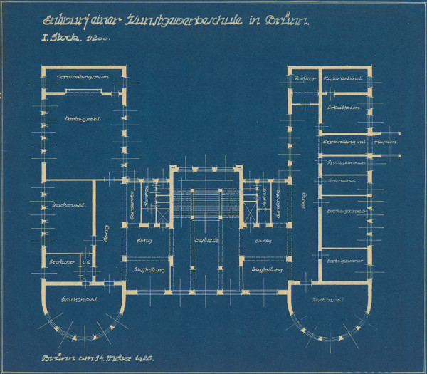 Michal Maximilián Scheer – Prístavba umeleckopriemyselnej školy v Brne. Štátnicový projekt. Entwurf für eine Kunstgewerbeschule in Brünn, 1. Stock. M 1:200. 