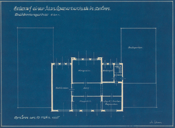 Michal Maximilián Scheer – Prístavba umeleckopriemyselnej školy v Brne. Štátnicový projekt. Entwurf für eine Kunstgewerbeschule in Brünn, Dachrodengeschoss. M 1:200. 