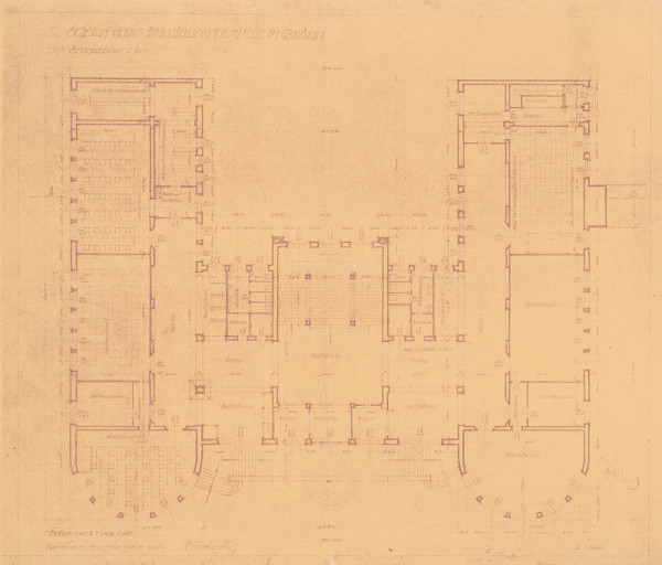 Michal Maximilián Scheer – Prístavba umeleckopriemyselnej školy v Brne. Štátnicový projekt. Entwurf für eine Kunstgewerbeschule in Brünn, Erdgeschoss. M 1:200. 