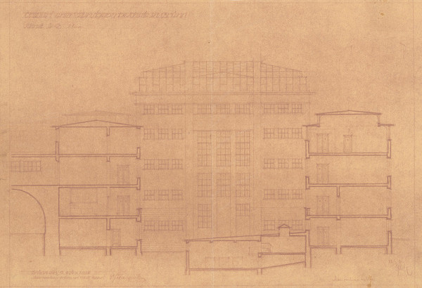 Michal Maximilián Scheer – Prístavba umeleckopriemyselnej školy v Brne. Štátnicový projekt. Entwurf für eine Kunstgewerbeschule in Brünn. Schnitt A-B. M 1:100. 