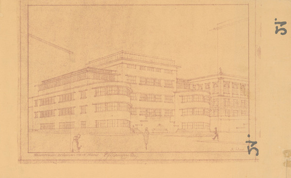 Michal Maximilián Scheer – Prístavba umeleckopriemyselnej školy v Brne. Štátnicový projekt. Entwurf für eine Kunstgewerbeschule in Brünn. Perspektíva.  