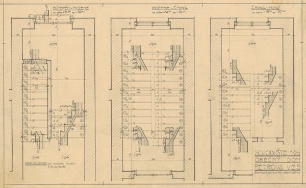 Milan Michal Harminc – Obecný dom v Petrovej Vsi. Schodište. Pôdorysy suterén - prízemie, prízemie - I. poschodie, I. poschodie - povaľ. M 1:20.  
