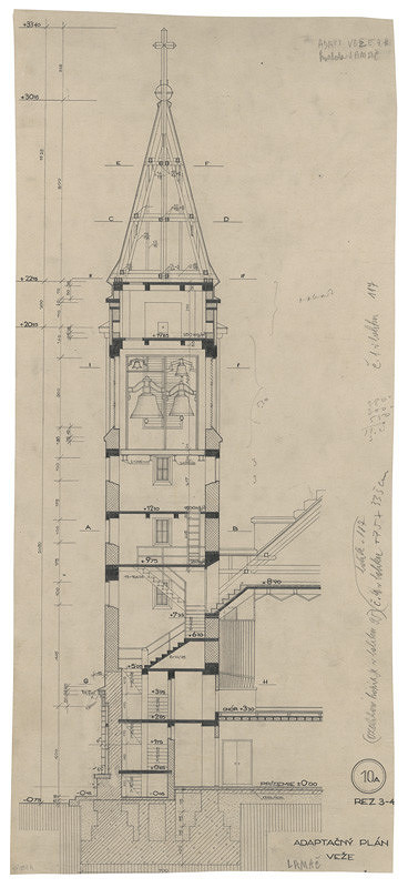 Milan Michal Harminc – Rímsko-katolícky kostol v Lamači. Adaptačný plán veže. Rez 3-4. M 1:50.