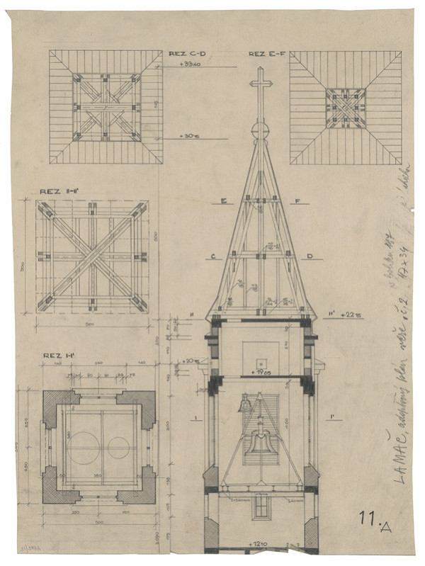 Milan Michal Harminc – Rímsko-katolícky kostol v Lamači. Adaptačný plán veže. Rezy C-D, E-F, I-I´, II-II´. M 1:50.
