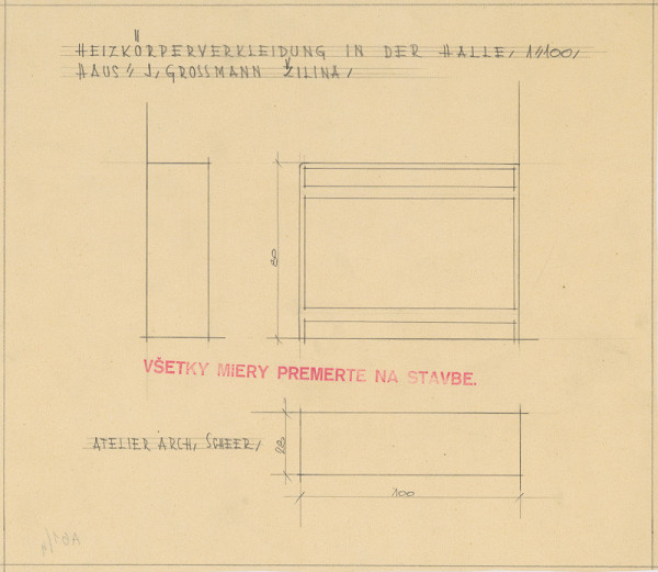 Michal Maximilián Scheer – Dom p. Grossmanna v Žiline. Skice interiérov a detailov. Kryt na radiátor v hale. M 1:100 