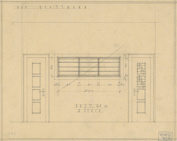 Michal Maximilián Scheer – Dom p. Grossmanna v Žiline. Skice interiérov a detailov. Návrh vstupných dverí a poštových schránok 