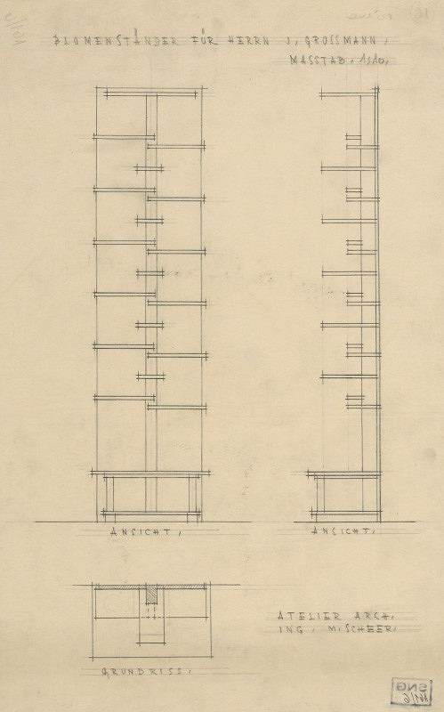 Michal Maximilián Scheer – Dom p. Grossmanna v Žiline. Skice interiérov a detailov. Kvetinový stojan. M 1:10 