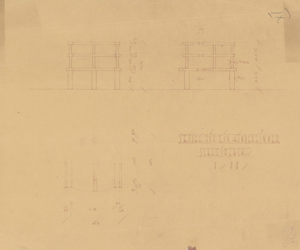 Michal Maximilián Scheer – Dom p. Grossmanna v Žiline. Skice interiérov a detailov. Návrh kresla do detskej izby. Prehľad, pôdorys a rez. M 1:10 