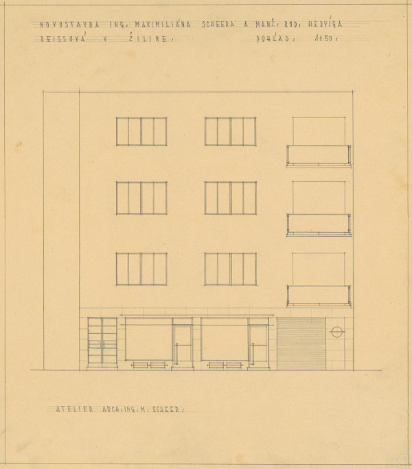Michal Maximilián Scheer – Vlastný dom v Žiline na Ulici 28. októbra č. 15. Uličný pohľad. M 1:50.  