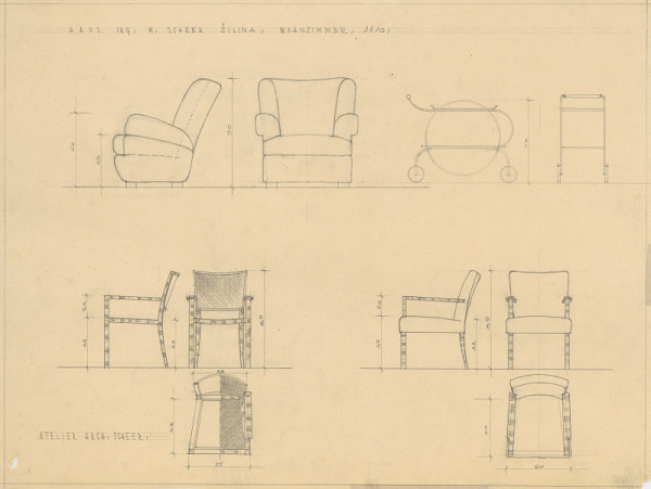 Michal Maximilián Scheer – Vlastný dom v Žiline na Ulici 28. októbra č. 15. Kreslo, stoličky a servírovací stolík v obývacej izbe. M 1:10.  
