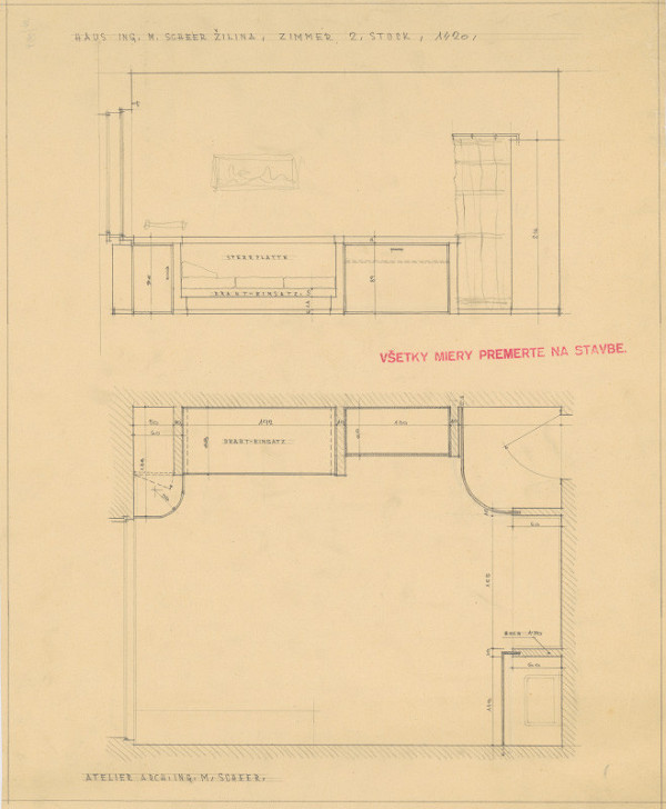 Michal Maximilián Scheer – Vlastný dom v Žiline na Ulici 28. októbra č. 15. Návrh zariadenia izby na 2. poschodí. M 1:20 