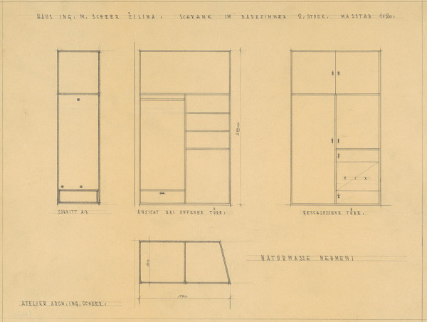 Michal Maximilián Scheer – Vlastný dom v Žiline na Ulici 28. októbra č. 15. Návrh skrine v kúpeľni na 2. poschodí. M 1:20  