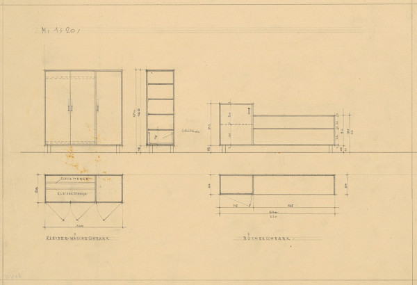 Michal Maximilián Scheer – Vlastný dom v Žiline na Ulici 28. októbra č. 15. Návrh šatníka a knižnice. M 1:20.  