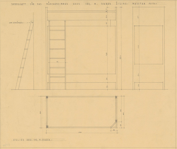 Michal Maximilián Scheer – Vlastný dom v Žiline na Ulici 28. októbra č. 15. Poschodová posteľ pre slúžkovskú izbu. M 1:10.  