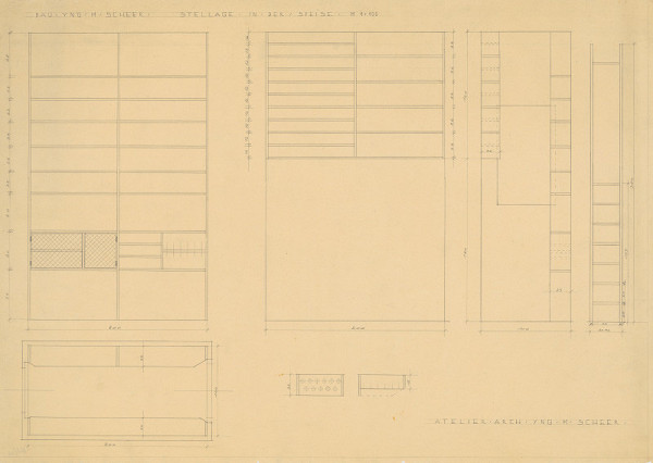 Michal Maximilián Scheer – Vlastný dom v Žiline na Ulici 28. októbra č. 15. Policová sústava do komory. M 1:100.  