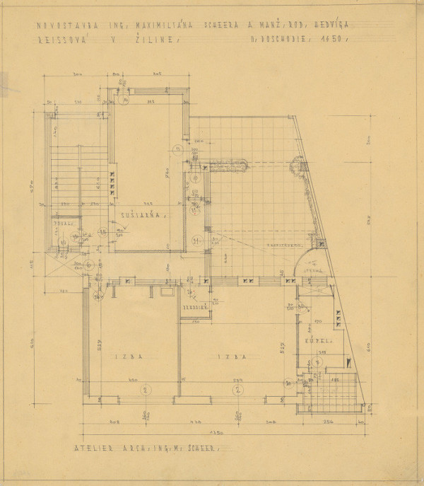 Michal Maximilián Scheer – Vlastný dom v Žiline na Ulici 28. októbra č. 15. Pôdorys 2. poschodia. M 1:50.  
