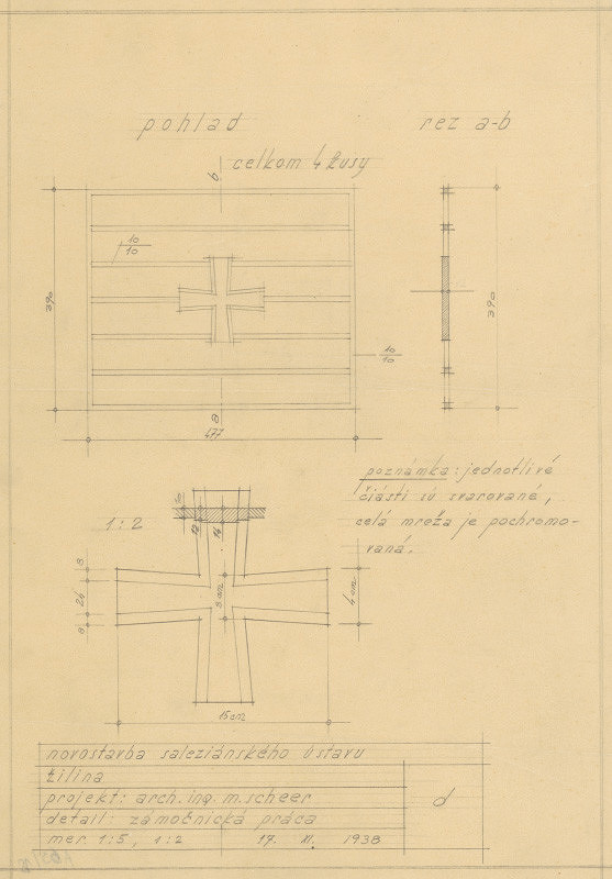 Michal Maximilián Scheer – Saleziánsky ústav v Žiline. Detail zámočníckej práce. Kríž. M 1:5, M 1:2 