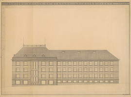 Emil Belluš – Hotel na Klárove v Prahe. Pohľad na východnú fasádu. M 1:100. 