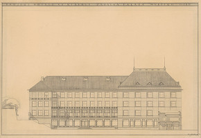 Emil Belluš – Hotel na Klárove v Prahe. Pohľad na západnú fasádu. M 1:100. 