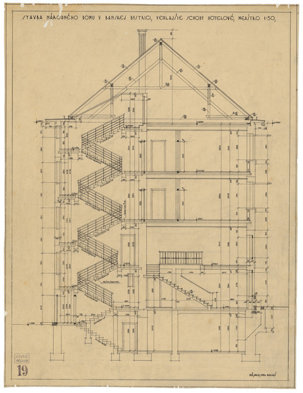 Emil Belluš – Národný dom v Banskej Bystrici. Rez vedľajšími hotelovými schodmi. M 1:50. 