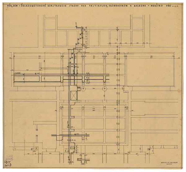 Emil Belluš – Národný dom v Banskej Bystrici. Železobetonové konštrukcie stropu nad vestibulom, promenoirom a balkónu. M 1:50.