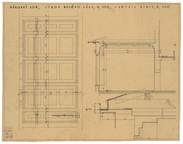 Emil Belluš – Národný dom v Banskej Bystrici. Strop malého sálu. Detail rímsy. M 1:50. M 1:10.