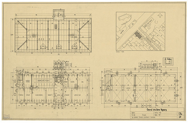 Emil Belluš – Úverové družstvo vo Vajnoroch. Situácia, pôdorys suterénu, prízemia a krovu. M 1:1000, M 1:100.