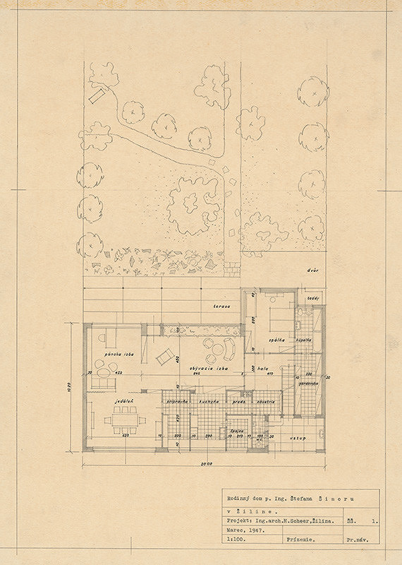 Michal Maximilián Scheer – Rodinný dom Ing. Štefana Šimoru v Žiline. Pôdorys prízemia. M 1:100. 