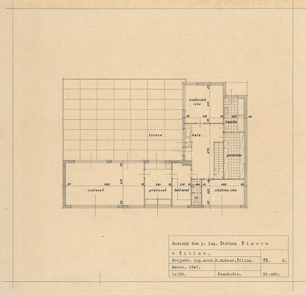 Michal Maximilián Scheer – Rodinný dom Ing. Štefana Šimoru v Žiline. Pôdorys prízemia. M 1:100. 