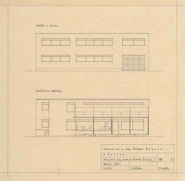 Michal Maximilián Scheer – Rodinný dom Ing. Štefana Šimoru v Žiline. Pohľad z ulice, pohľad zo záhrady. M 1:100. 