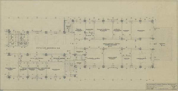 Emil Belluš – Slovenská vysoká škola technická v Bratislave (Fakulta architektúry STU). Pôdorys 2. poschodia (amfiteatrálna časť). M 1:50 