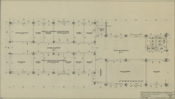 Emil Belluš – Slovenská vysoká škola technická v Bratislave (Fakulta architektúry STU). Pôdorys 3. poschodia (knižničná časť). M 1:50 