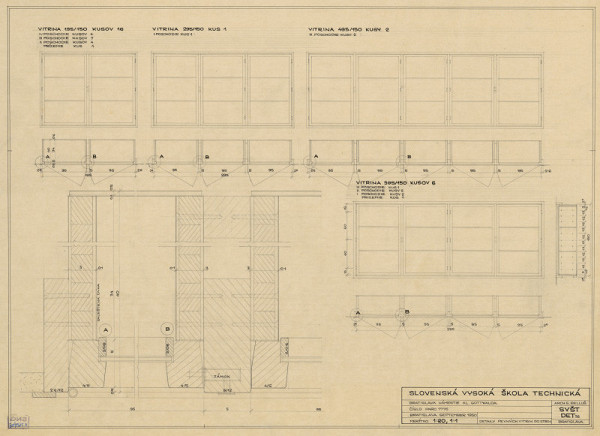 Emil Belluš – Slovenská vysoká škola technická v Bratislave (Fakulta architektúry STU). Detaily pevných vitrín do stien. M 1:20, M 1:1 