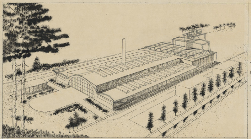 Emil Belluš – Magnezitové závody Dinas v Banskej Belej. Hlavná prevádzková budova. Perspektívny pohľad. 1948 – 1950