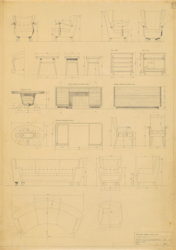 Michal Maximilián Scheer – Návrhy nábytku. Zariadenie pánskej izby p. D.K. Sedacia súprava, stoly, stoličky. Pohľady, rezy a pôdorysy. M 1:10.  