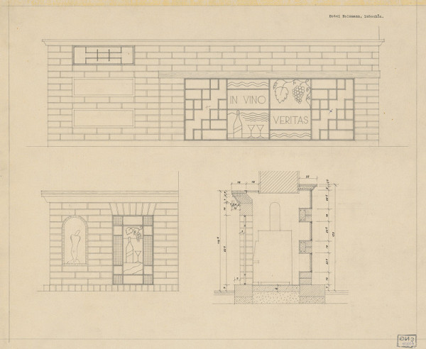 Michal Maximilián Scheer – Návrhy nábytku. Návrh steny s krbom pre hotel Holzmann v Ľubochni. 