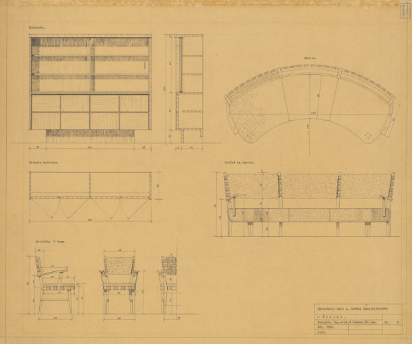 Michal Maximilián Scheer – Návrhy nábytku. Zariadenie haly p. Boženy Langsfelderovej v Žiline. Knihovňa, lavica, stolička. M 1:10 
