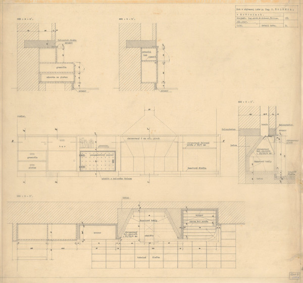 Michal Maximilián Scheer – Návrhy nábytku. Krb v obývacej izbe p. Inž. Šoltéza. Detail krbu. Rezy a pohľad. M 1:10.  