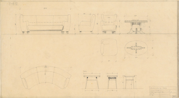 Michal Maximilián Scheer – Návrhy nábytku. Zariadenie pre p. Inž. Šoltéza. Sedacia súprava a stolíky. Pohľady a pôdorysy. M 1:10.  