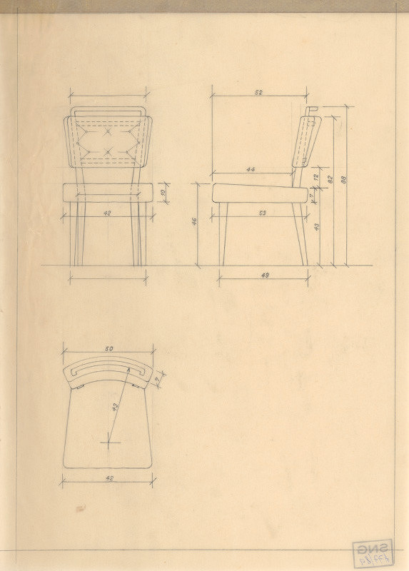 Michal Maximilián Scheer – Návrhy nábytku. Čalúnená stolička. Pohľady a pôdorys. 