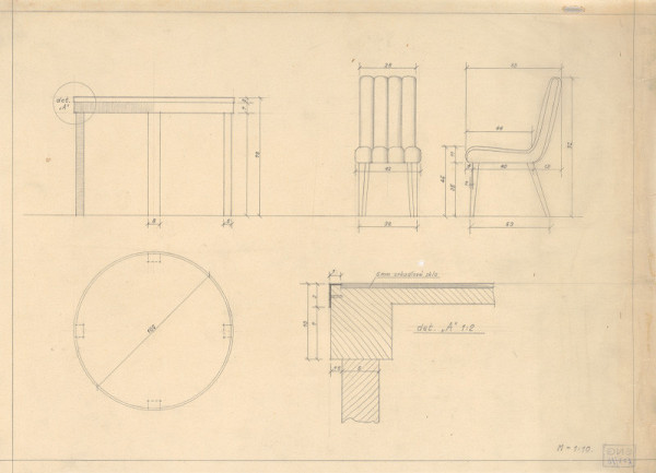 Michal Maximilián Scheer – Návrhy nábytku. Čalúnená stolička. Pohľady, pôdorys a detail stola. M 1:10, M 1:2. 