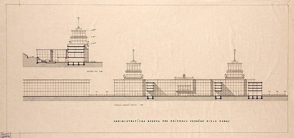 Emil Belluš – The Administrative Building of the Danube Waterworks in Bratisalava. The View from the Park, and the Cross-Section