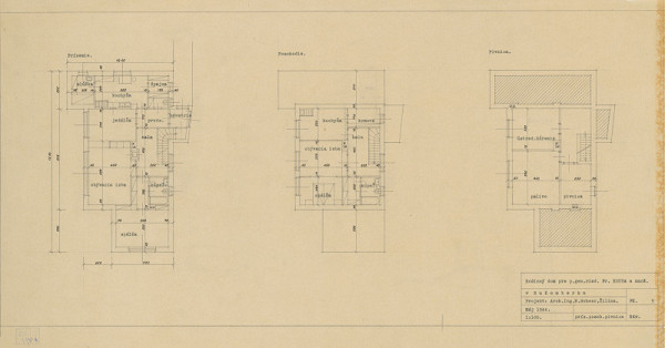 Michal Maximilián Scheer – Rodinný dom generálneho riaditeľa Fr. Kouta v Ružomberku. Pôdorys pivice, prízemia a poschodia. M 1:100 