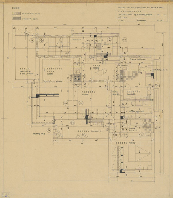 Michal Maximilián Scheer – Rodinný dom generálneho riaditeľa Fr. Kouta v Ružomberku. Pôdorys prízemia s legendou. M 1:50 