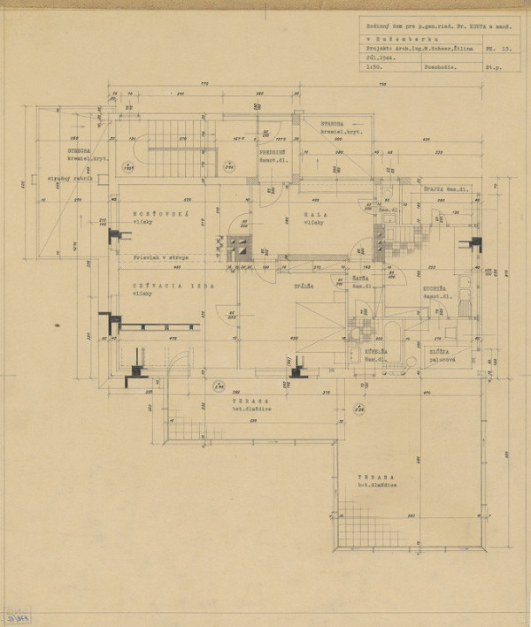 Michal Maximilián Scheer – Rodinný dom generálneho riaditeľa Fr. Kouta v Ružomberku. Pôdorys prízemia. M 1:50 